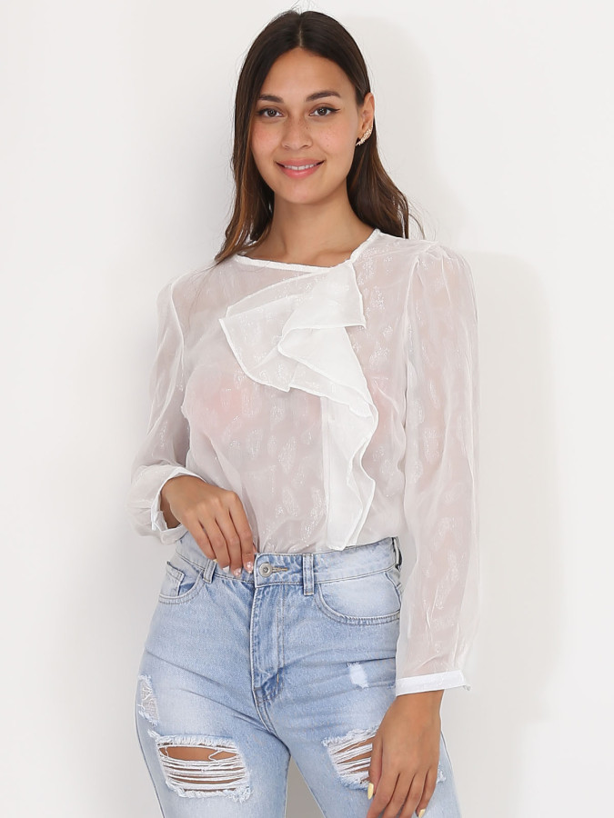 Blouse blanche transparente scintillante à volants