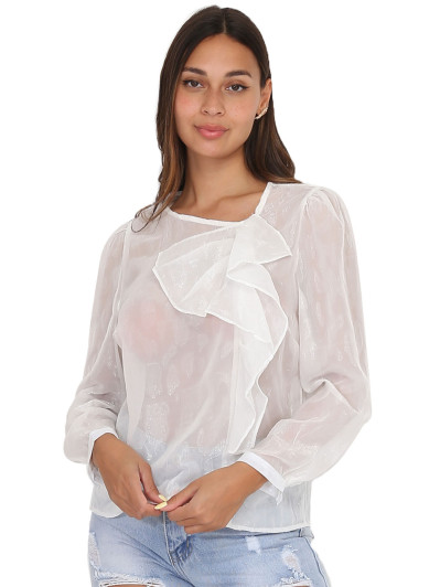 Blouse blanche transparente scintillante à volants