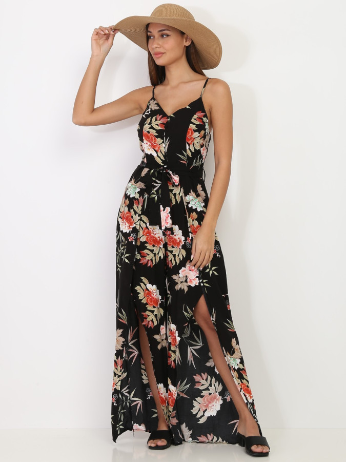 Combinaison fluide noire fendue à motif floral