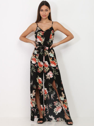 Combinaison fluide noire fendue à motif floral