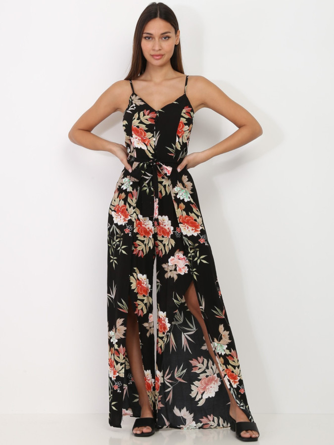 Combinaison fluide noire fendue à motif floral