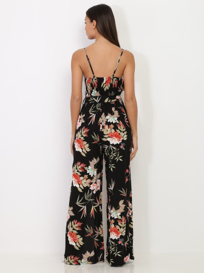 Combinaison fluide noire fendue à motif floral