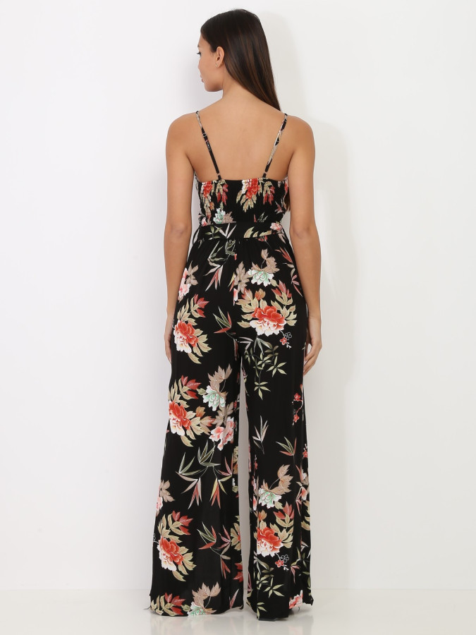 Combinaison fluide noire fendue à motif floral