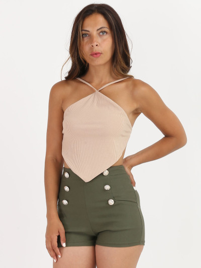 Top côtelé beige effet bandana