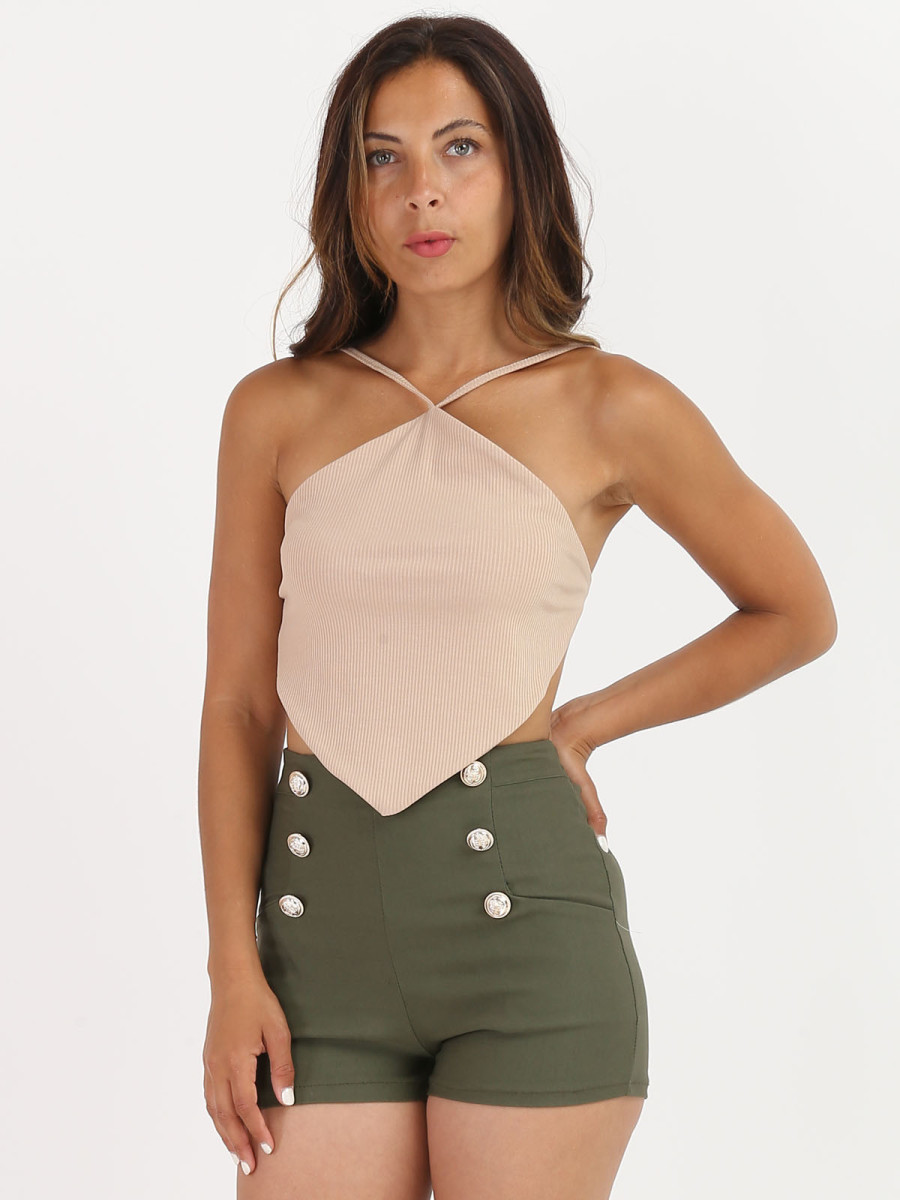 Top côtelé beige effet bandana