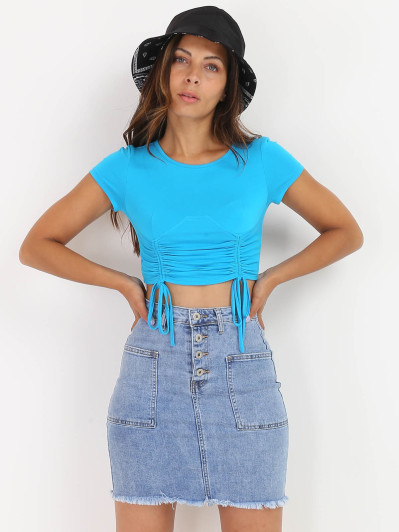 Crop top bleu froncé style corset