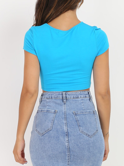 Crop top bleu froncé style corset