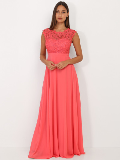 Robe longue corail à dentelle