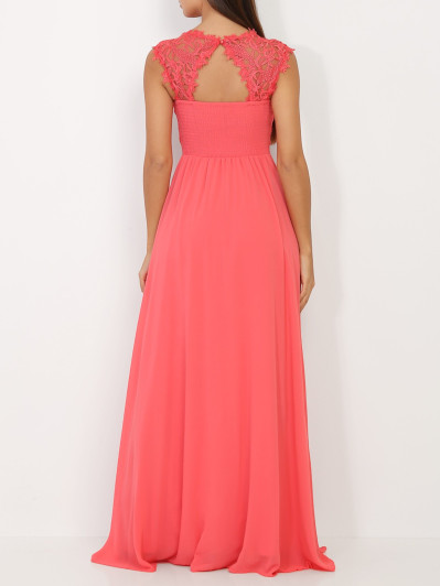 Robe longue corail à dentelle