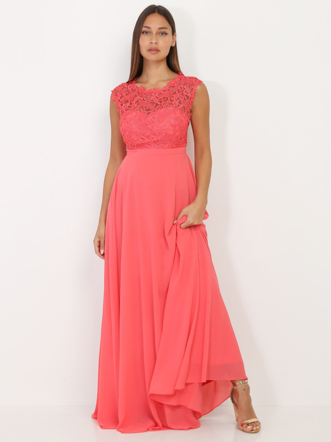 Robe longue corail à dentelle