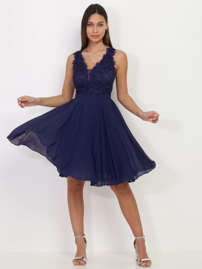 Robe bleu marine patineuse grandes tailles avec broderie et perles