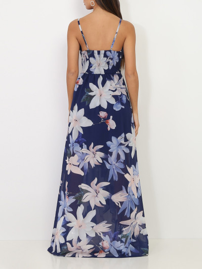 Robe longue bleu marine fendue asymétrique à fleurs