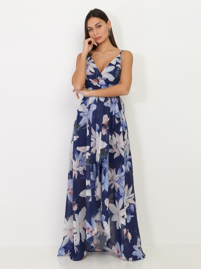 Robe longue bleu marine fendue asymétrique à fleurs