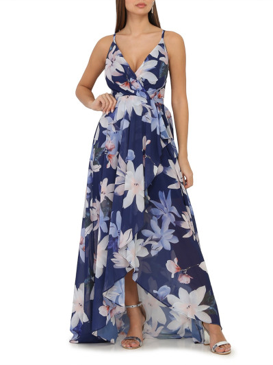Robe longue bleu marine fendue asymétrique à fleurs