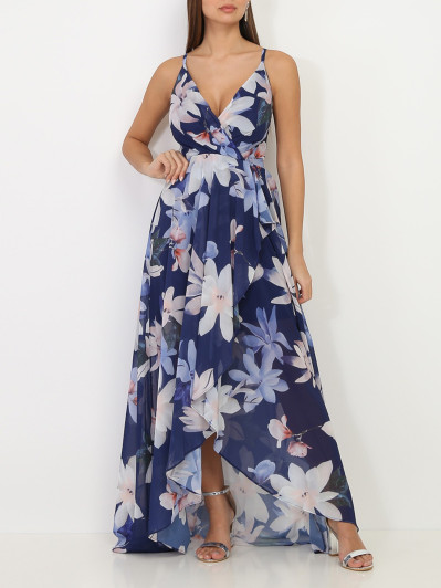 Robe longue bleu marine fendue asymétrique à fleurs