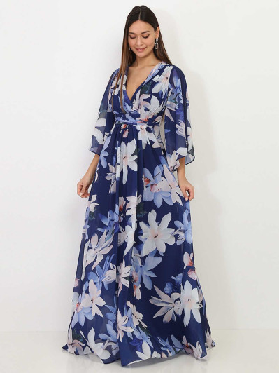 Robe longue plissée bleu marine à fleurs
