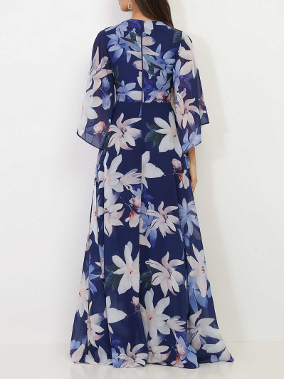 Robe longue plissée bleu marine à fleurs