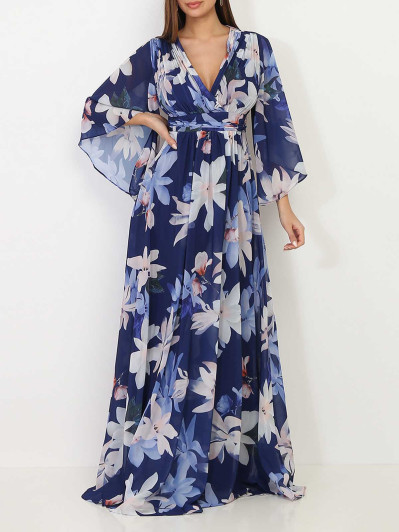 Robe longue plissée bleu marine à fleurs