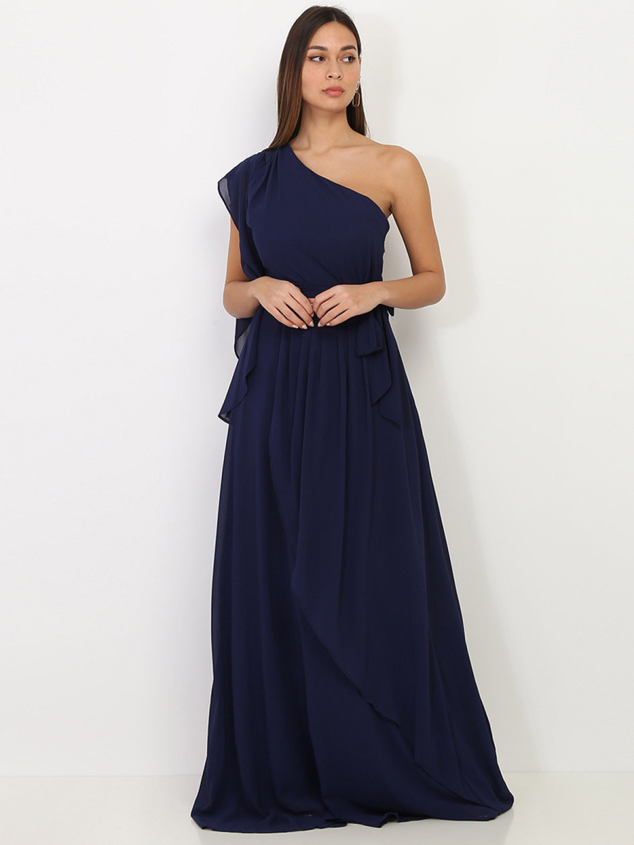 Robe portefeuille bleu marine à manche asymétrique