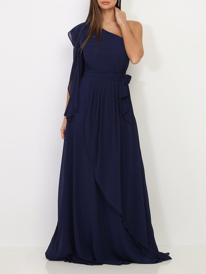 Robe portefeuille bleu marine à manche asymétrique