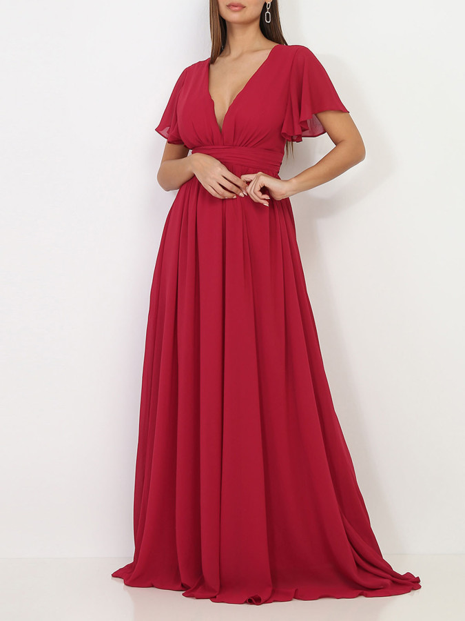 Robe longue bordeaux à manches papillons