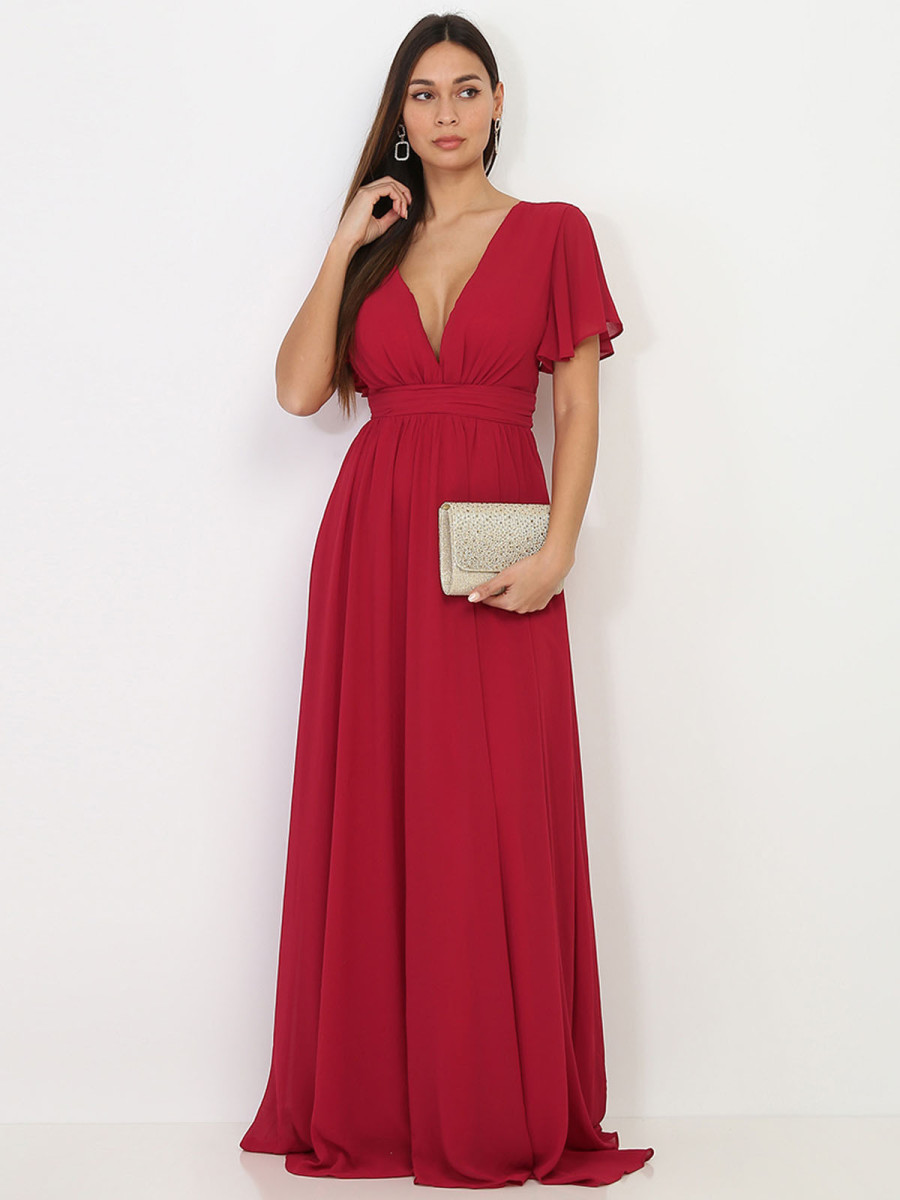 Robe longue bordeaux à manches papillons