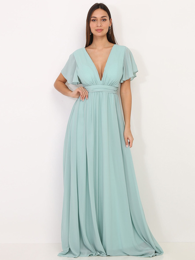 Robe longue vert d'eau à manches papillons