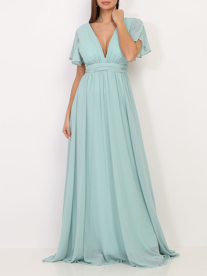 Robe longue vert d'eau à manches papillons