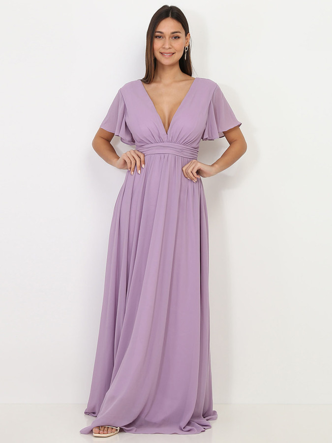 Robe longue parme à manches papillons