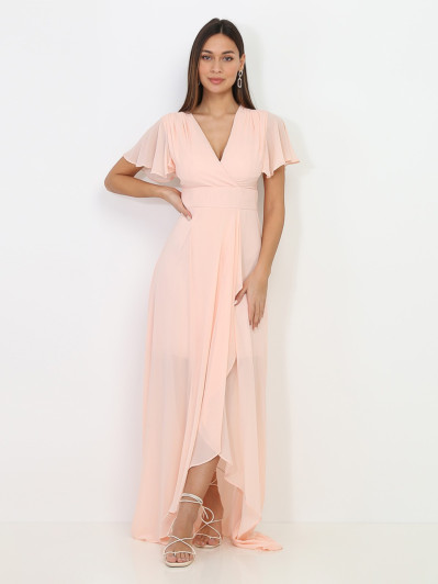 Robe portefeuille rose poudré à manches papillons