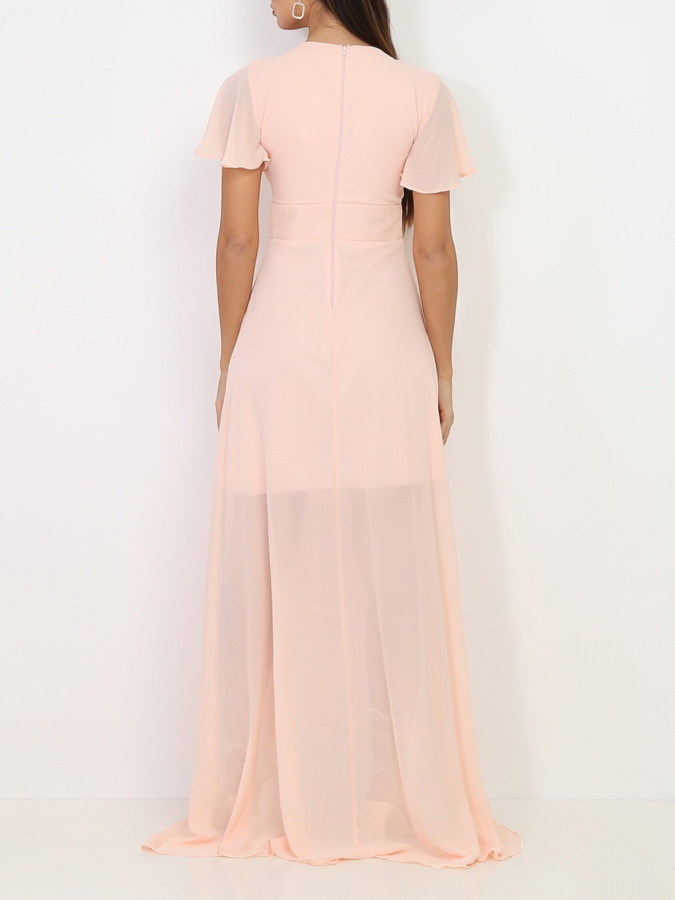 Robe portefeuille rose poudré à manches papillons