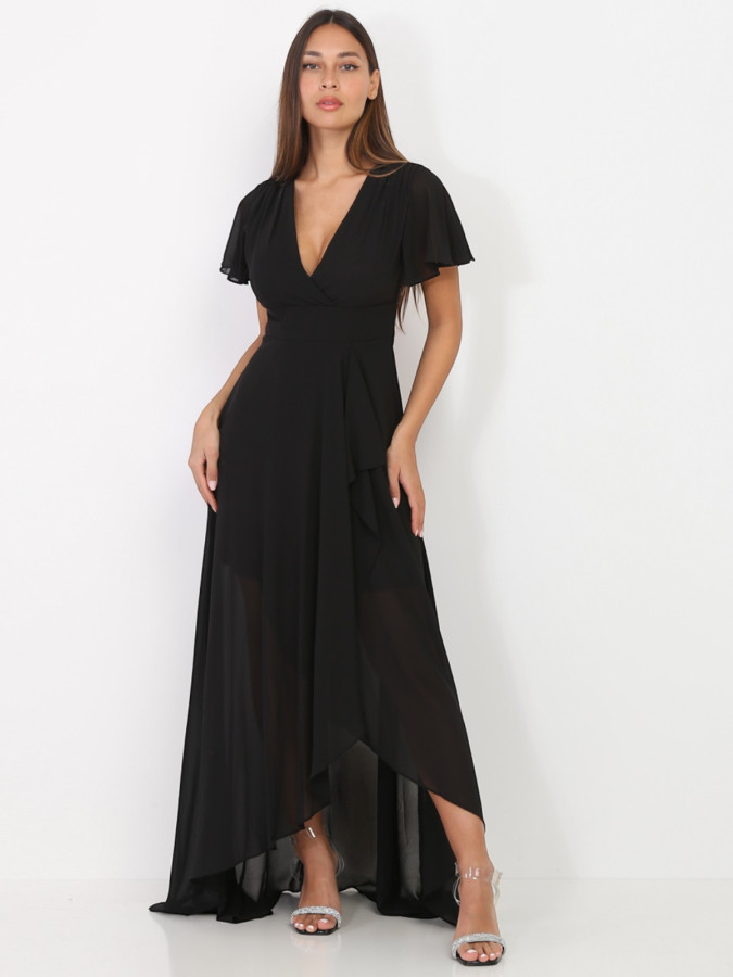 Robe portefeuille noire à manches papillons