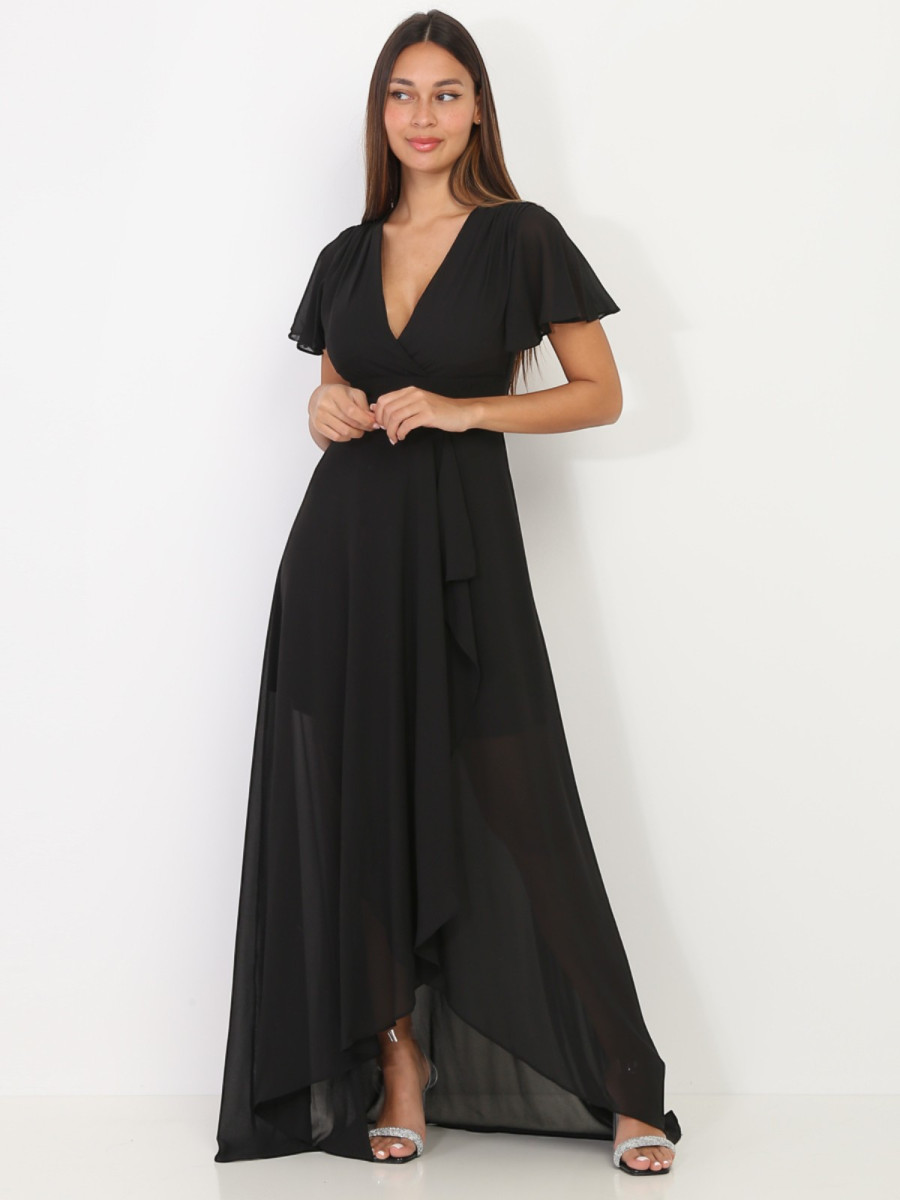 Robe portefeuille noire à manches papillons