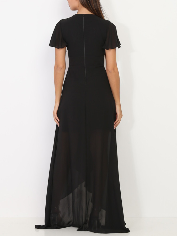 Robe portefeuille noire à manches papillons