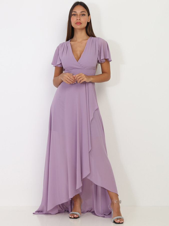 Robe portefeuille parme à manches papillons