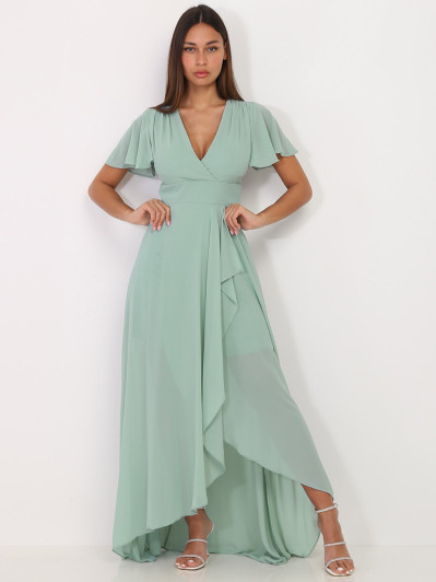 Robe portefeuille verte à manches papillons