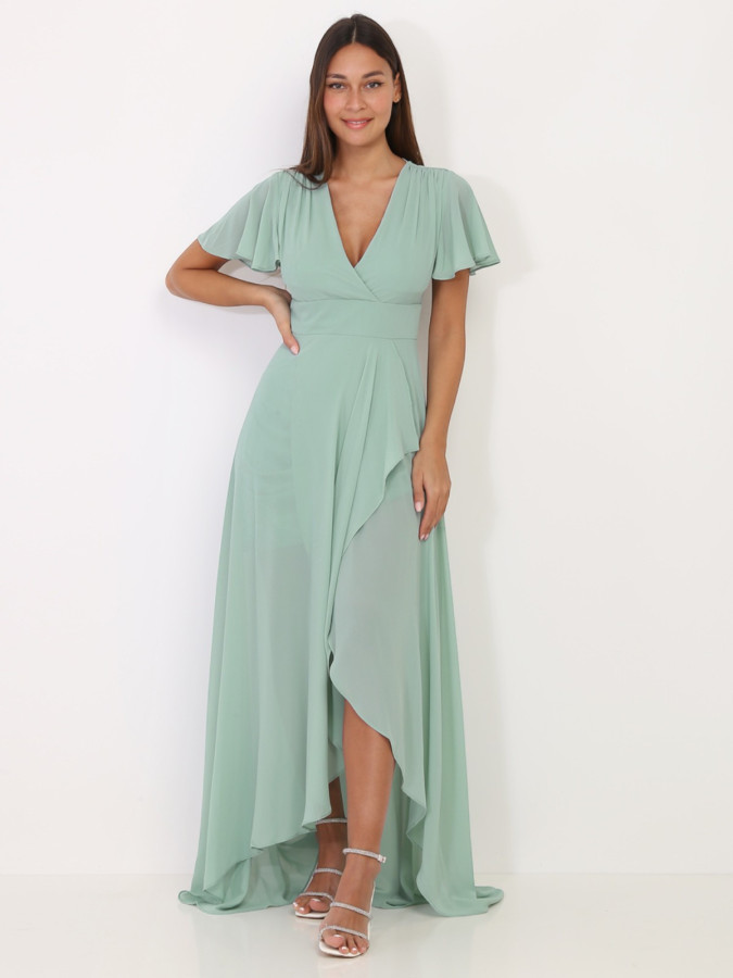 Robe portefeuille verte à manches papillons