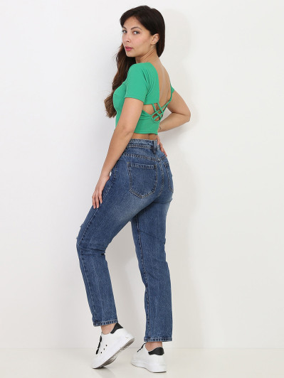 Jeans droit bleu foncé délavé et déchiré