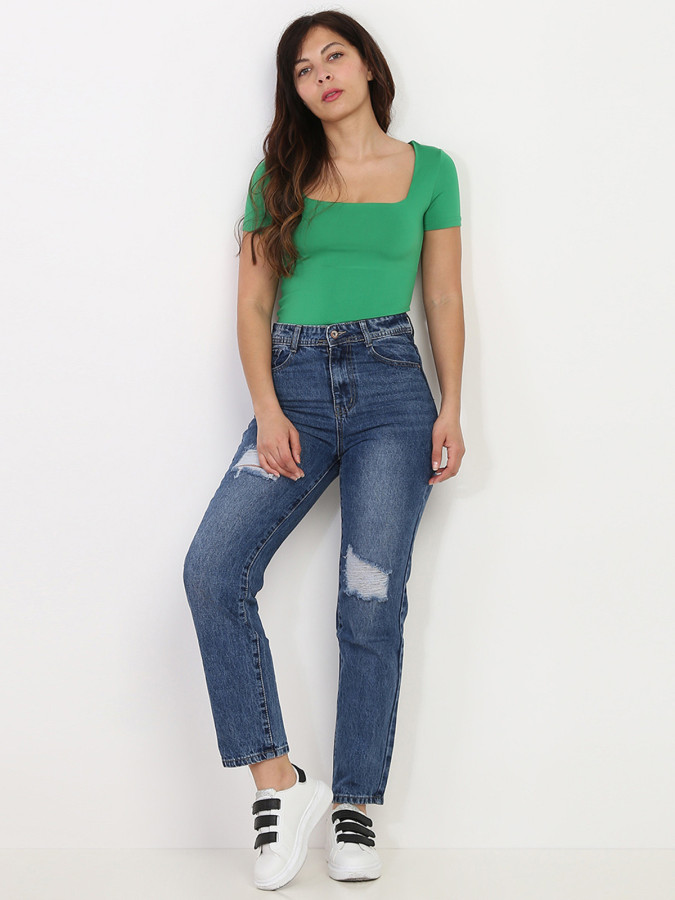 Jeans droit bleu foncé délavé et déchiré