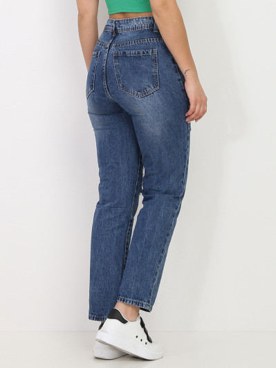 Jeans droit bleu foncé délavé et déchiré