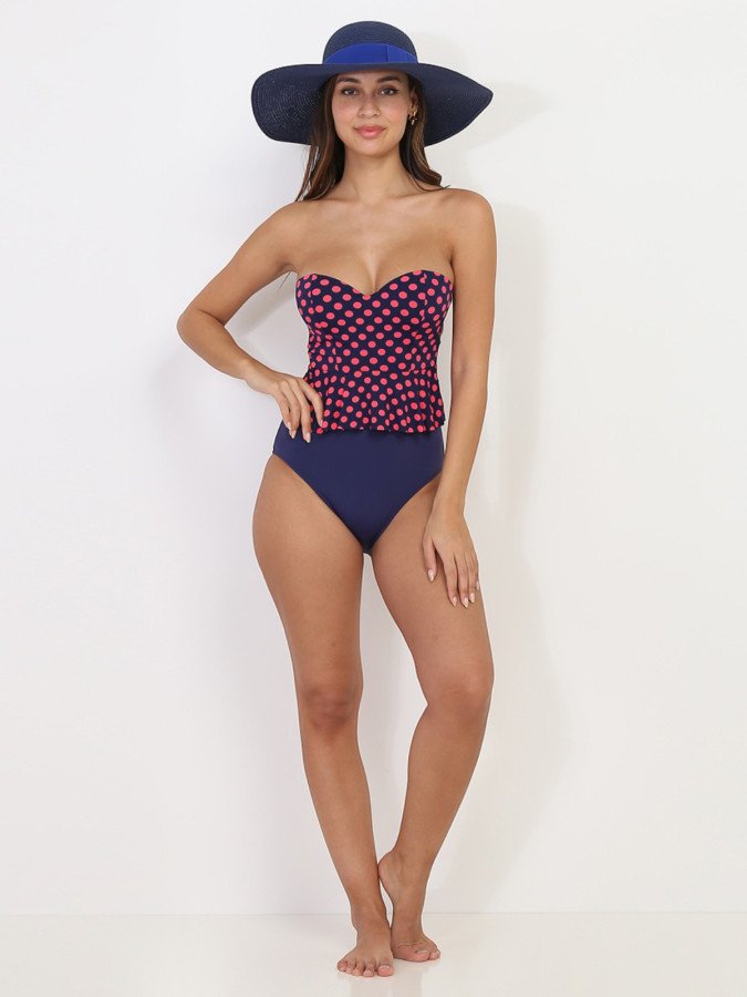 Tankini bleu marine à volants et pois rouges