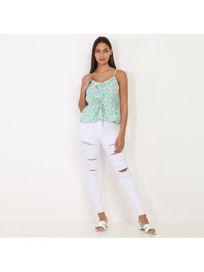 Top vert à fleurs avec volants et lanières