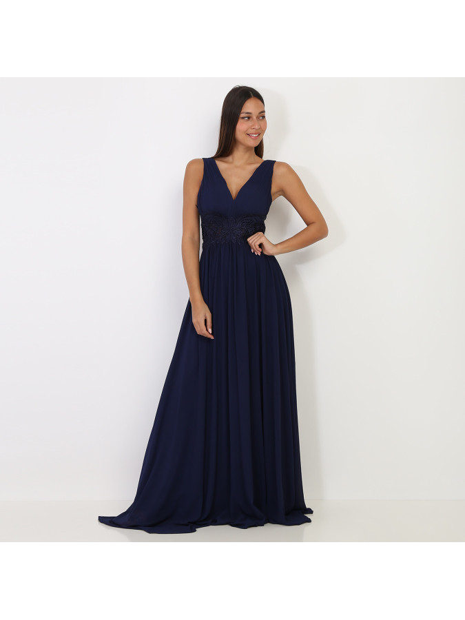 Robe longue bleu marine à buste drapé et dentelle