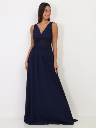 Robe longue bleu marine à buste drapé et dentelle