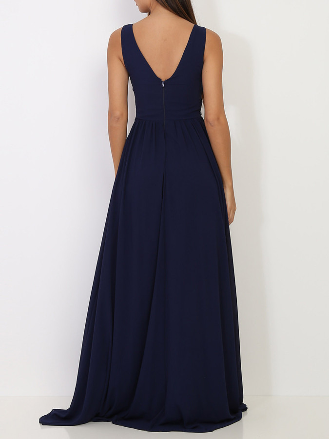 Robe longue bleu marine à buste drapé et dentelle