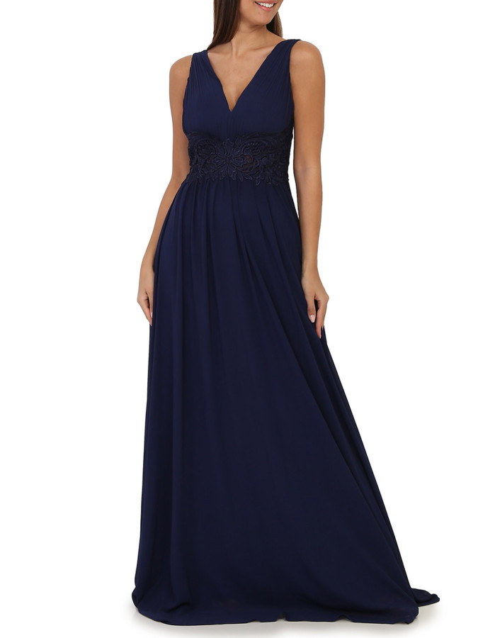 Robe longue bleu marine à buste drapé et dentelle