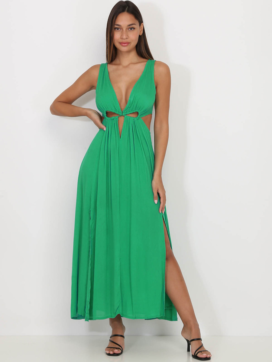 Robe longue verte à découpes et fentes