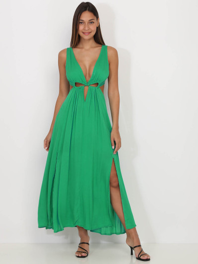 Robe longue verte à découpes et fentes