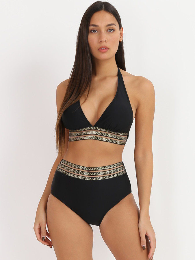 Bikini taille haute noir à motif Grecque