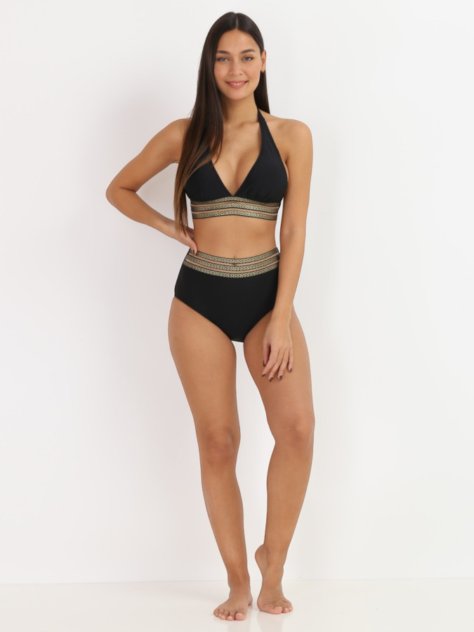Bikini taille haute noir à motif Grecque